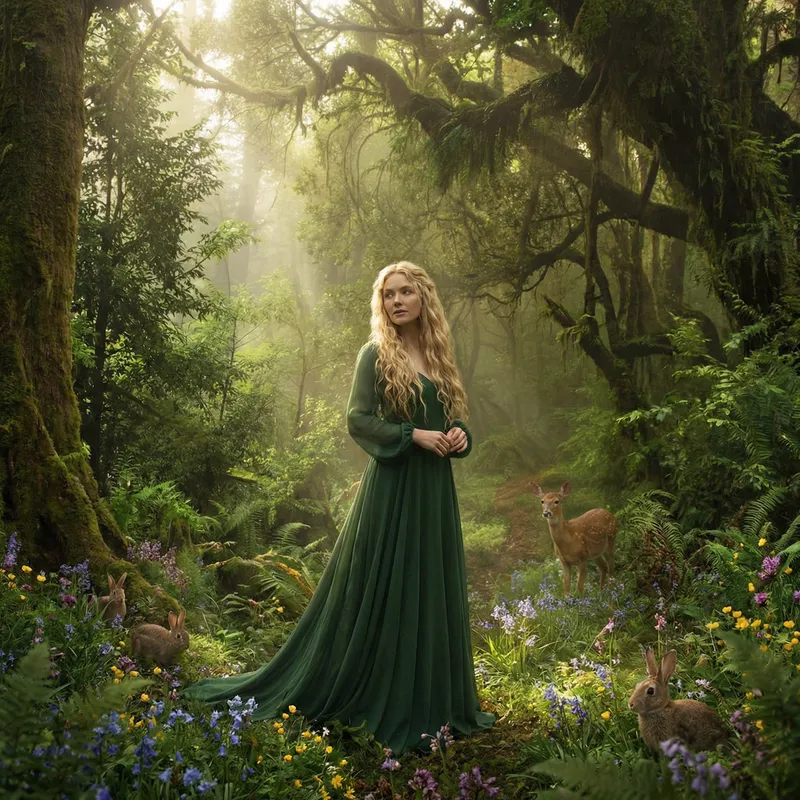 Beautiful Lady in Green Dress with Blond Hair in Forest