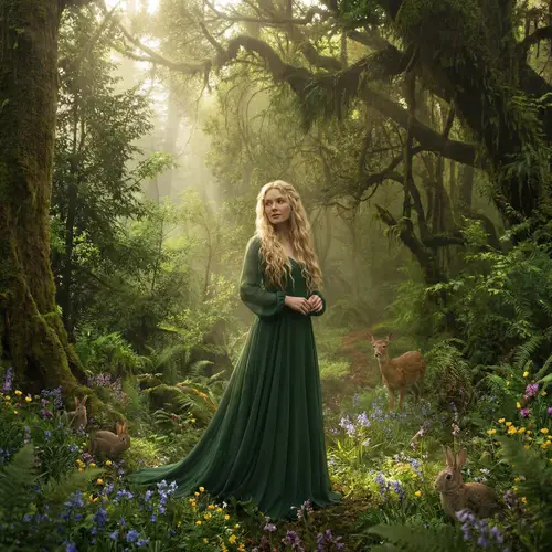 Enchanting Scene of a Beautiful Lady in Emerald Green Dress in Serene Forest