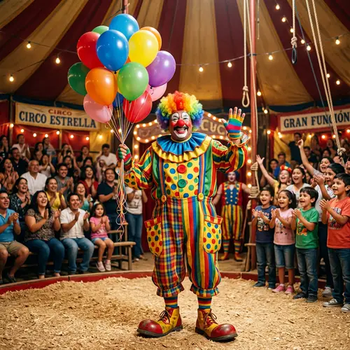 Colorful Hispanic Clown with Balloons at Circus