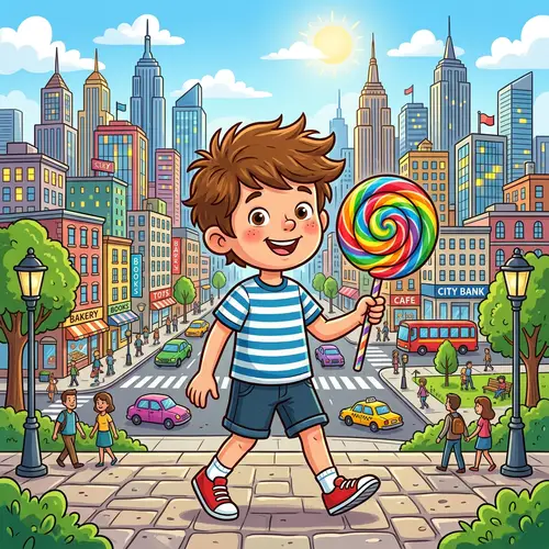 Cartoon Boy with Lollipop in Hand | Cityscape Background