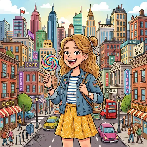 June Holding Lollipop in Cartoon Style City Scene