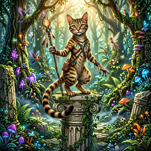 Cat-Human Hybrid Creature in Enchanted Forest