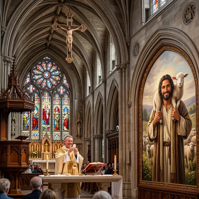 Catholic Priest Celebrating Mass & Smiling Good Shepherd with Sheep