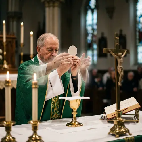 Priest Consecrating Sacred Form with Hands of Jesus