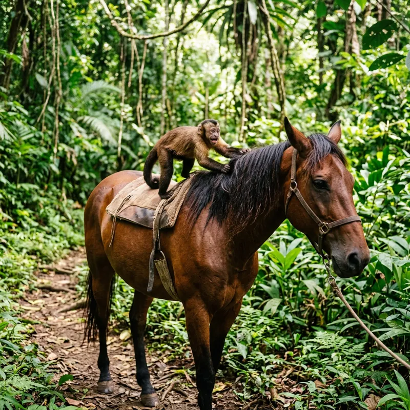 Playful Monkey Riding Majestic Horse in Lush Jungle