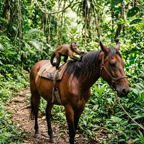 Playful Monkey Riding Majestic Horse in Lush Jungle