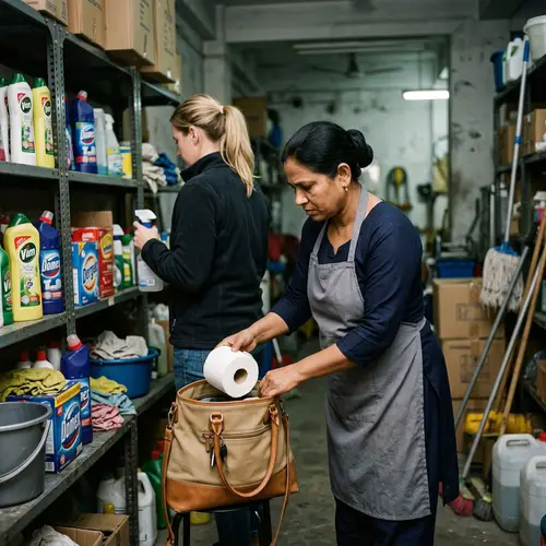 Cleaning Lady Secretly Stashes Toilet Paper in Woman's Purse