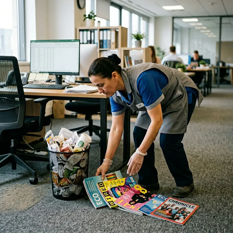 Colorful Magazines in Office Scene - Cleaning Lady Picking Up Waste Bin Colorful Magazines in Office Scene - Cleaning Lady Picking Up Waste Bin