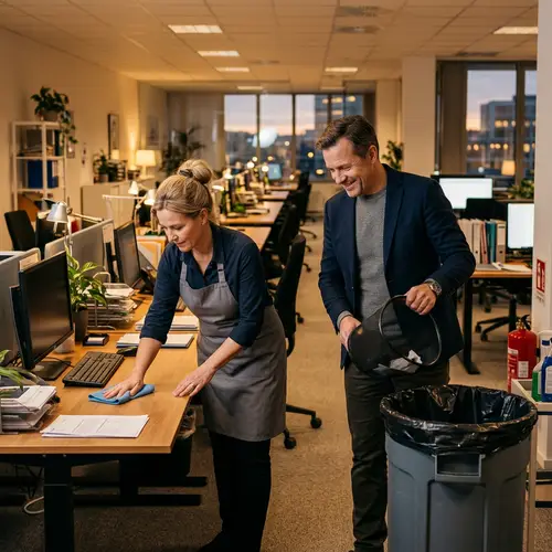 European Cleaning Lady & Husband in Office Scene