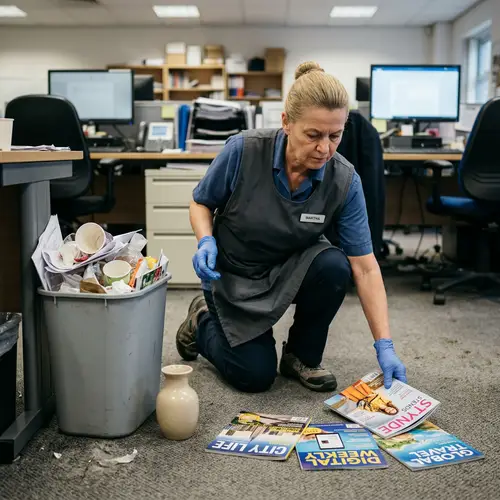 Office Waste Bin Clean-Up Essentials | Cleaning Lady with Serious Expression