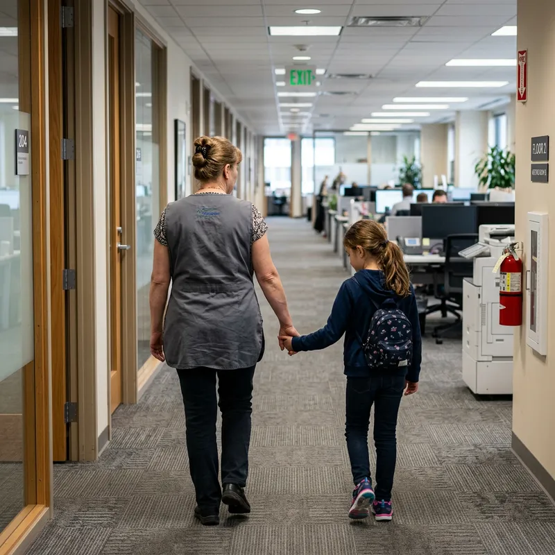 European Cleaning Lady Walking Child in Office Corridor