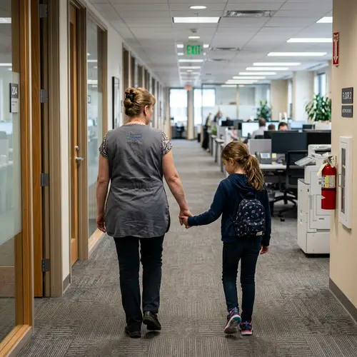 European Cleaning Lady Leading Child in Office Corridor