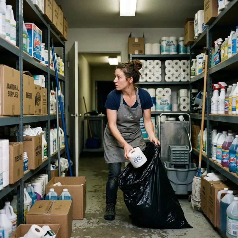 Caucasian Female Janitor Secretly Disposing Toilet Paper in Cleaning Company Storage