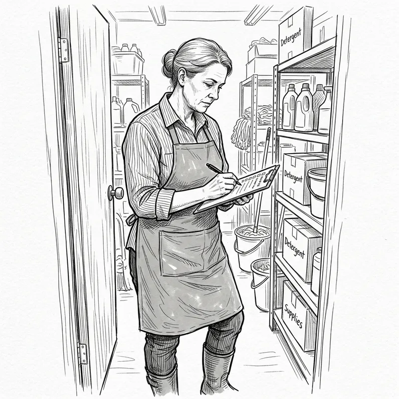 European Cleaning Lady in Gray Apron Drawing