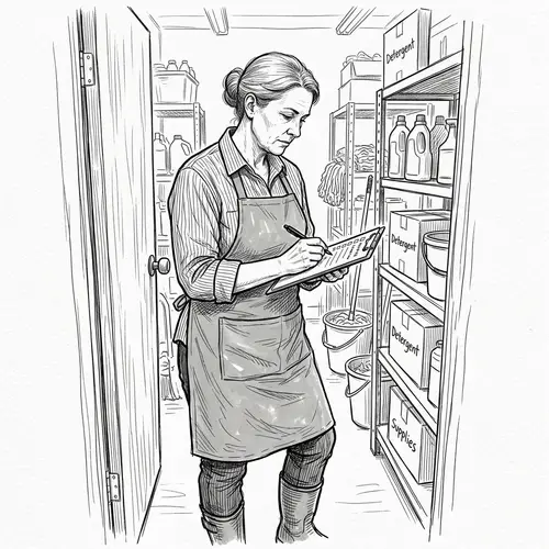 European Cleaning Lady in Gray Apron Sketch