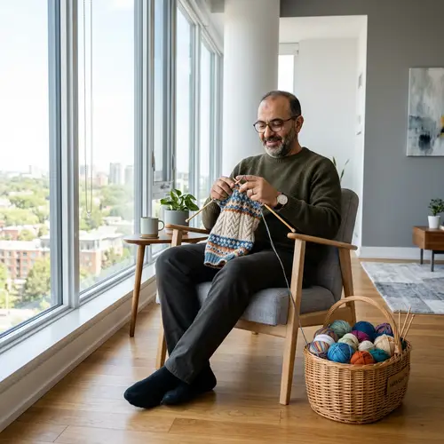 Contemporary Middle-Eastern Male Knitting in Minimalistic Setting