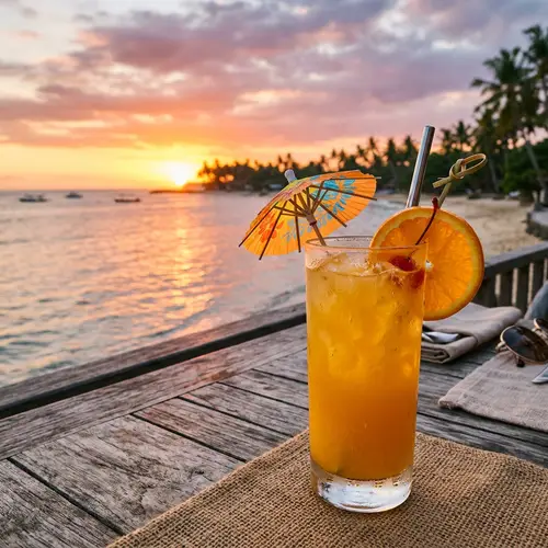 Refreshing Icy Orange Juice on Sunset Table