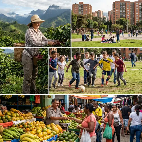 Colombia's Diverse Scenes: Coffee Plantation, City Park Football, Local Market Vendor