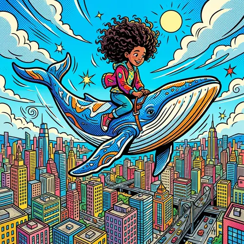 Curly-Haired Girl Flying on Whale Above City | Pop Art Style