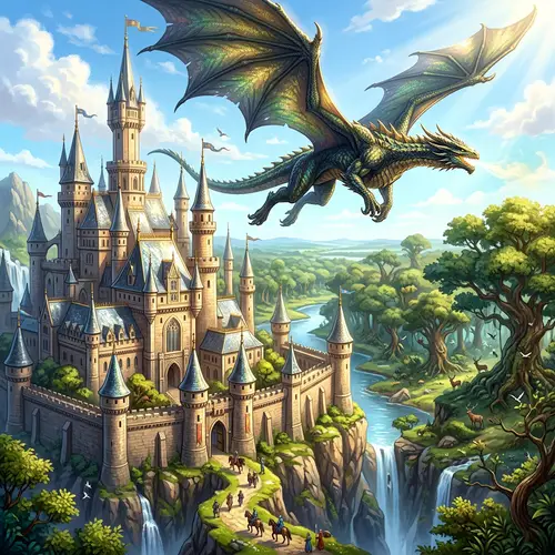 Majestic Kingdom Castle and Dragon Fantasy Art