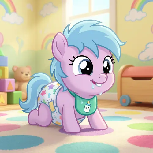 Cute Cartoon Pony Baby Crawling with Bib and Diaper