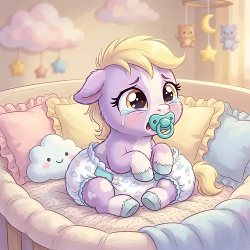 Cute Newborn Cartoon Pony in Fluffy Diaper