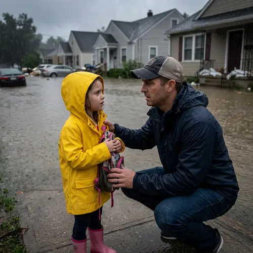 Father and Daughter Amidst Heavy Rain Worries