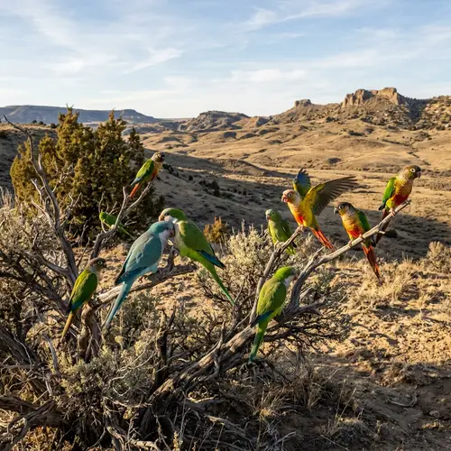 Vibrant Parrots in Wyoming's Desert Landscape