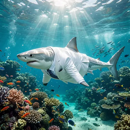 Elegant Shark in White Suit Underwater