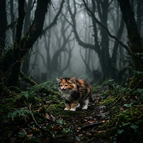 Eerie Forest with Adorable Kittens | Mystical Scene