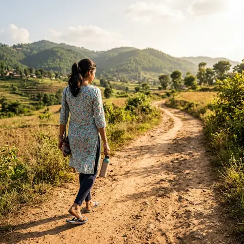 South Asian Woman Walking on Dirt Path | Peaceful Scene