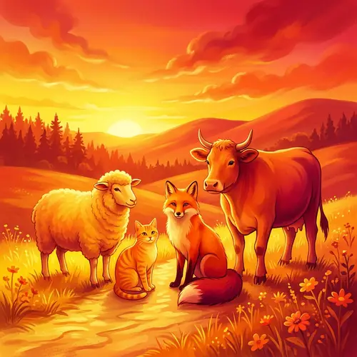 Fox, Cat, Cow, Sheep in Yellow Orange Red Gradient