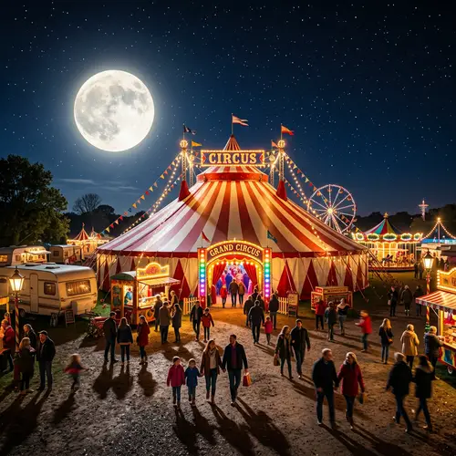 Colorful Circus Tent with Moon in Background