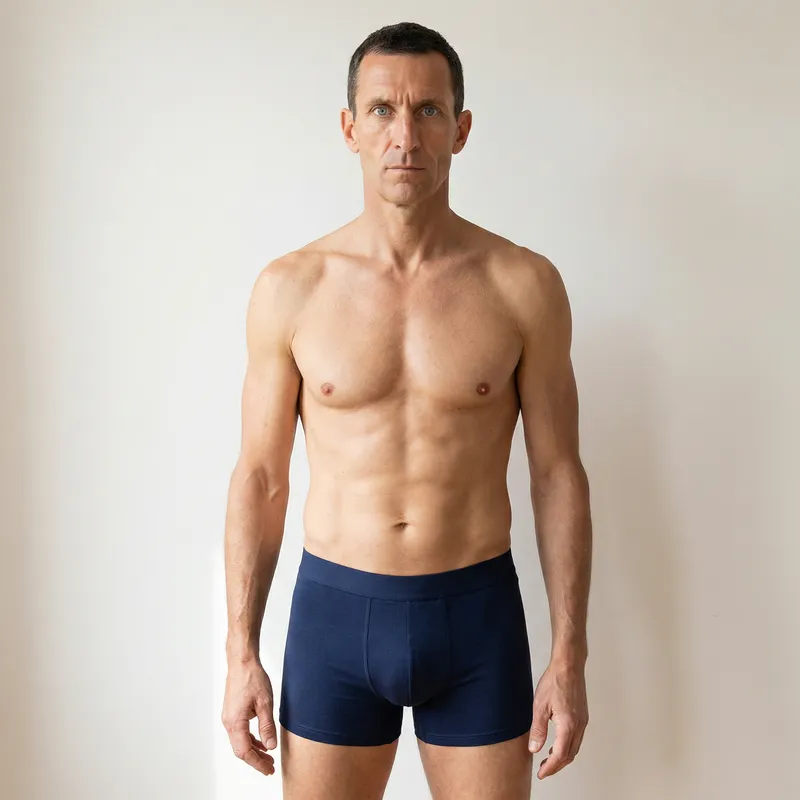 Confident Middle-Aged Man in Navy Boxer Briefs