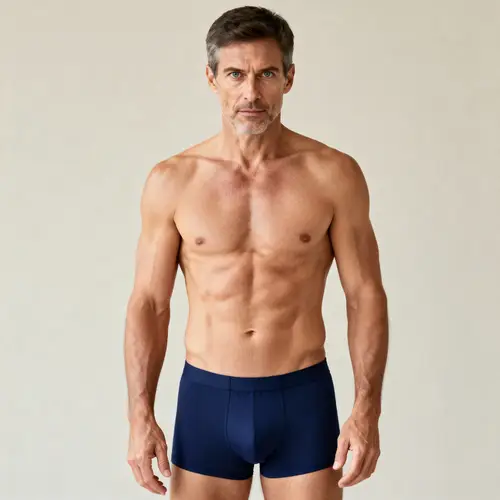 Confident Middle-Aged Man in Navy Boxer Briefs