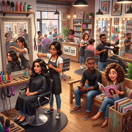 Vibrant Hair Salon Scene: Diverse Clients & Stylists in Action