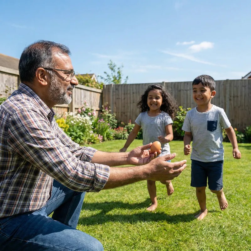 Kids Happily Running to Dad Picking Up An Egg
