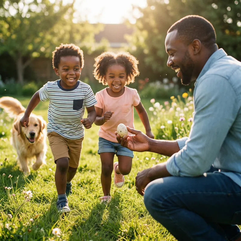 Excited Kids Run to Dad with Easter Egg