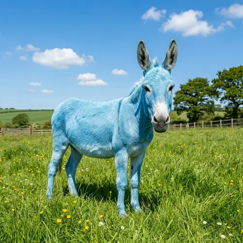 Blue Donkey in Vibrant Green Field | Majestic and Cheerful