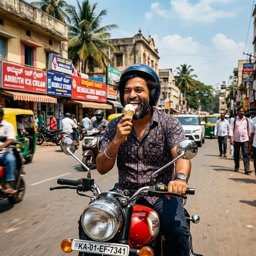 Middle-aged Indian Man Enjoying Vanilla Ice Cream on Motorbike