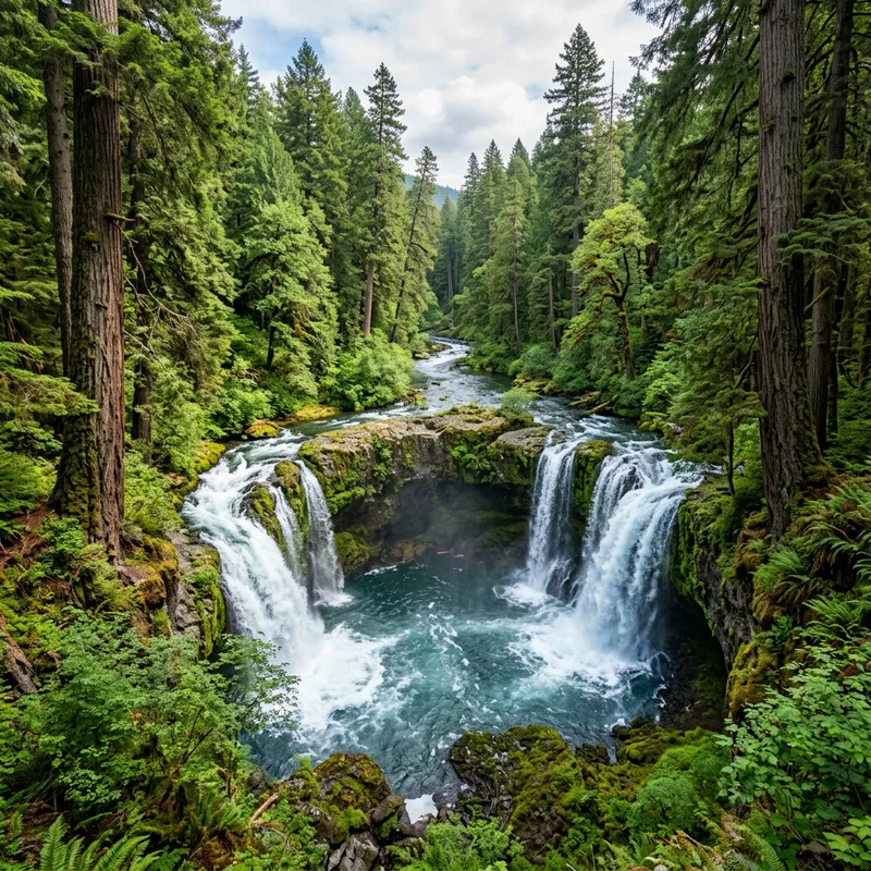 Majestic Waterfall Encircled by Towering Trees