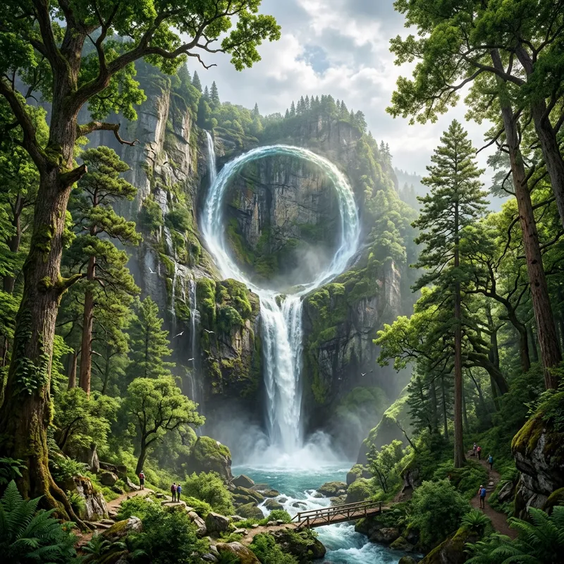 Majestic Circular Waterfall and Towering Trees - Natural Beauty Majestic Circular Waterfall and Towering Trees - Natural Beauty