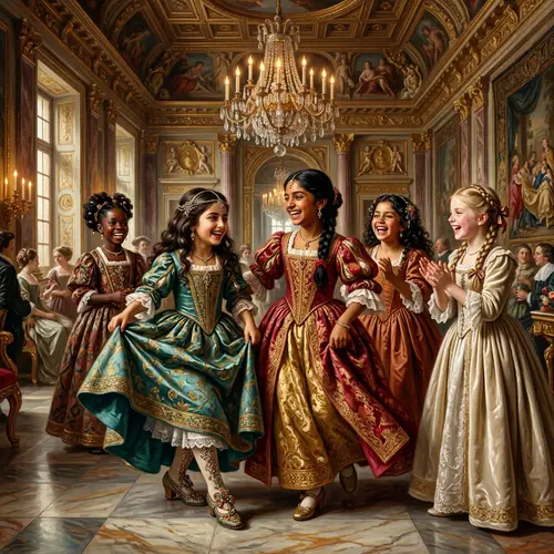 Baroque Style Painting of Joyful Multicultural Girls Dancing