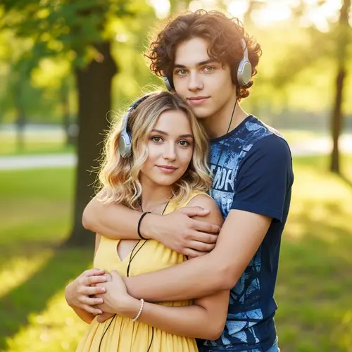 Romantic Couple Embracing While Listening to Music