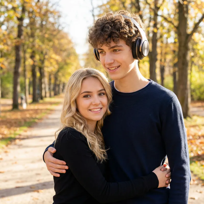 Romantic Couple Embracing While Listening to Music Romantic Couple Embracing While Listening to Music