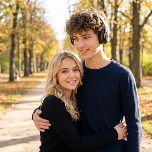 Romantic Couple Embracing While Listening to Music