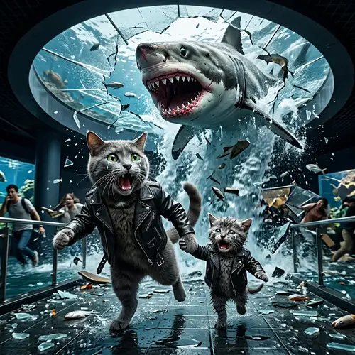Adorable Cats in a Shark Aquarium Panic