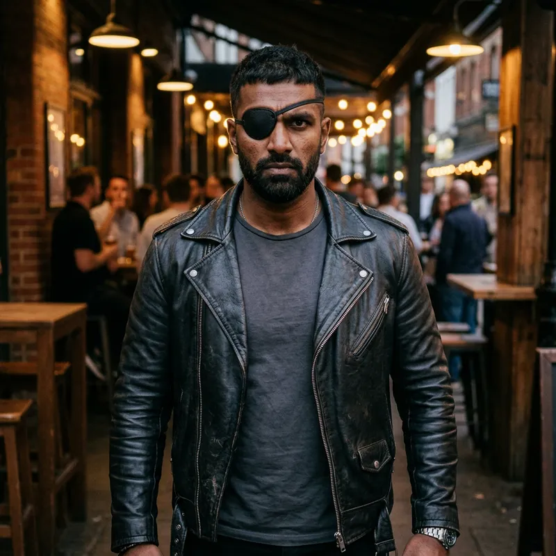 Confident Athletic South Asian Man in Leather Jacket with Eyepatch Confident Athletic South Asian Man in Leather Jacket with Eyepatch