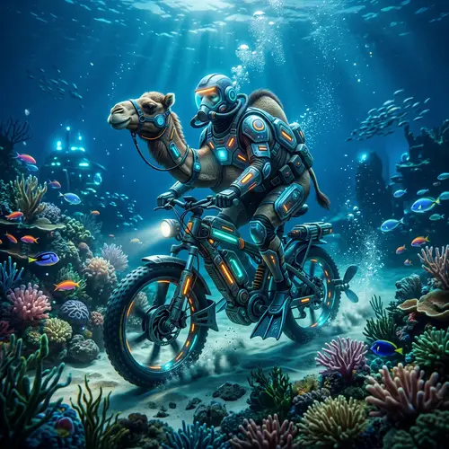 Futuristic Camel Underwater on a Bike