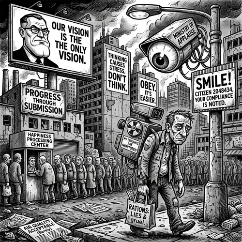 Satirical Black and White Dystopian Caricature
